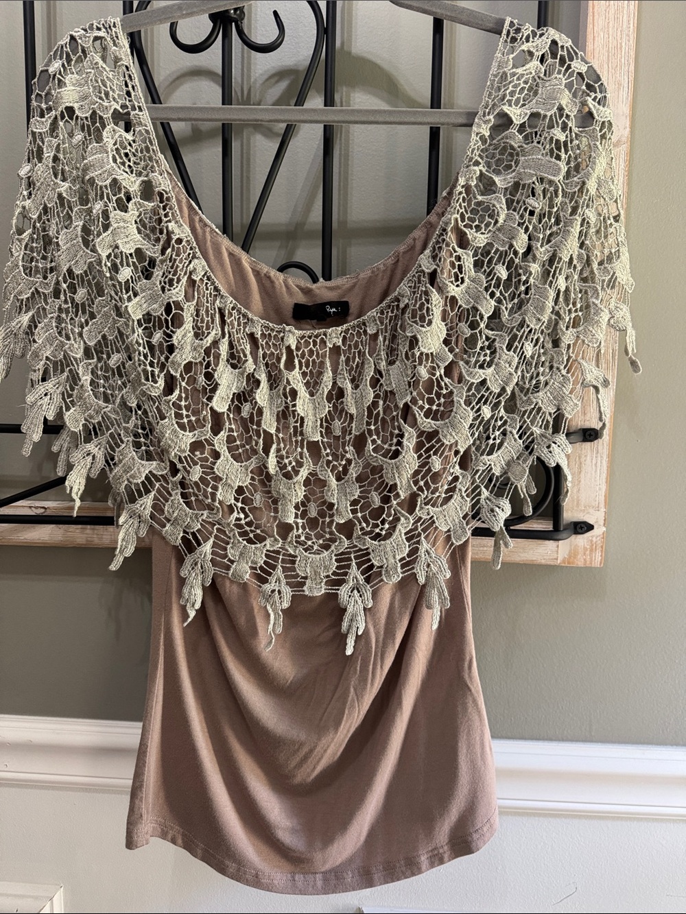 Lace Overlay Scoop Neck Top in Taupe and Cream Cottagecore feminine
